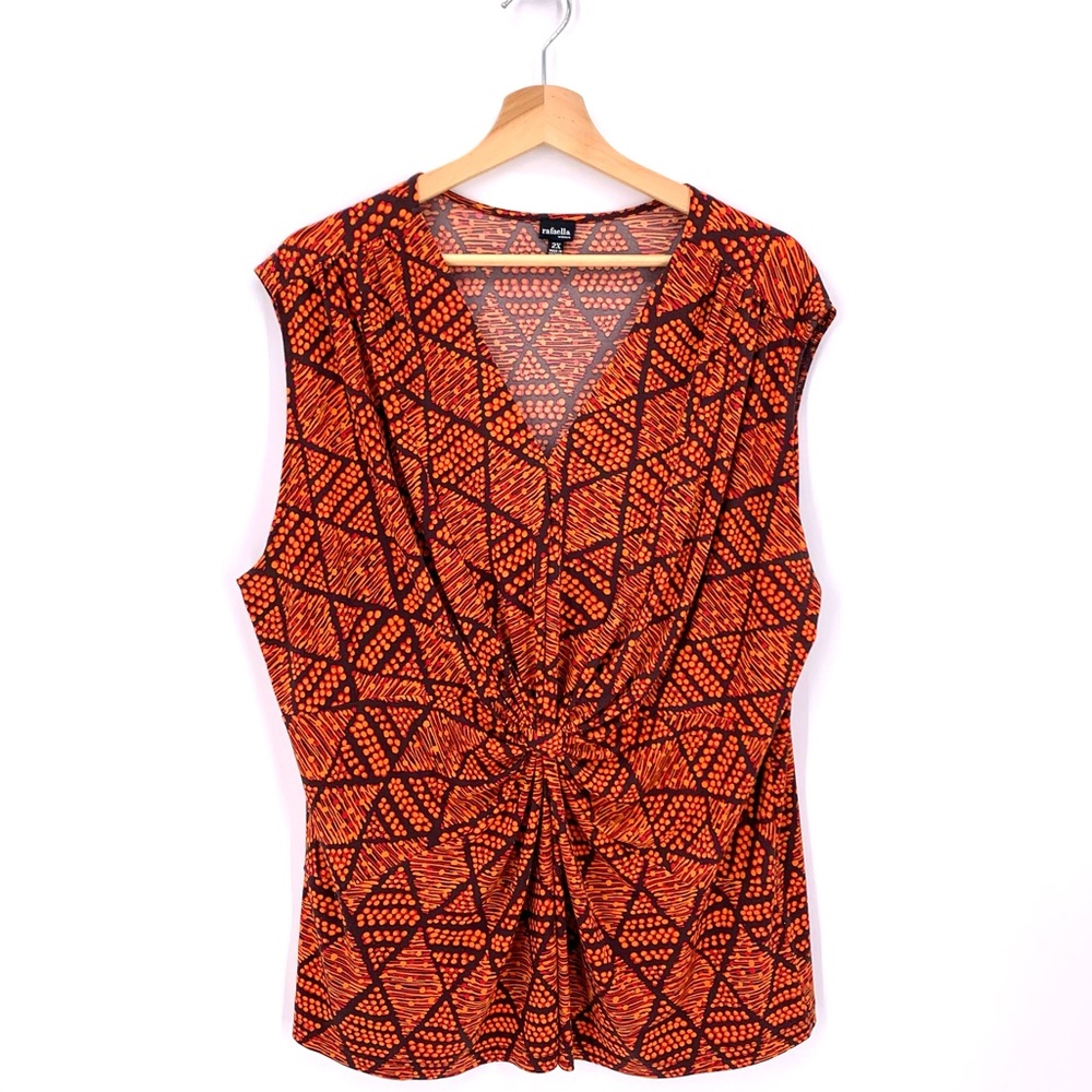 Rafaella Women Orange Sleeveless Geometric Print Front Knot Career Top Size 2X